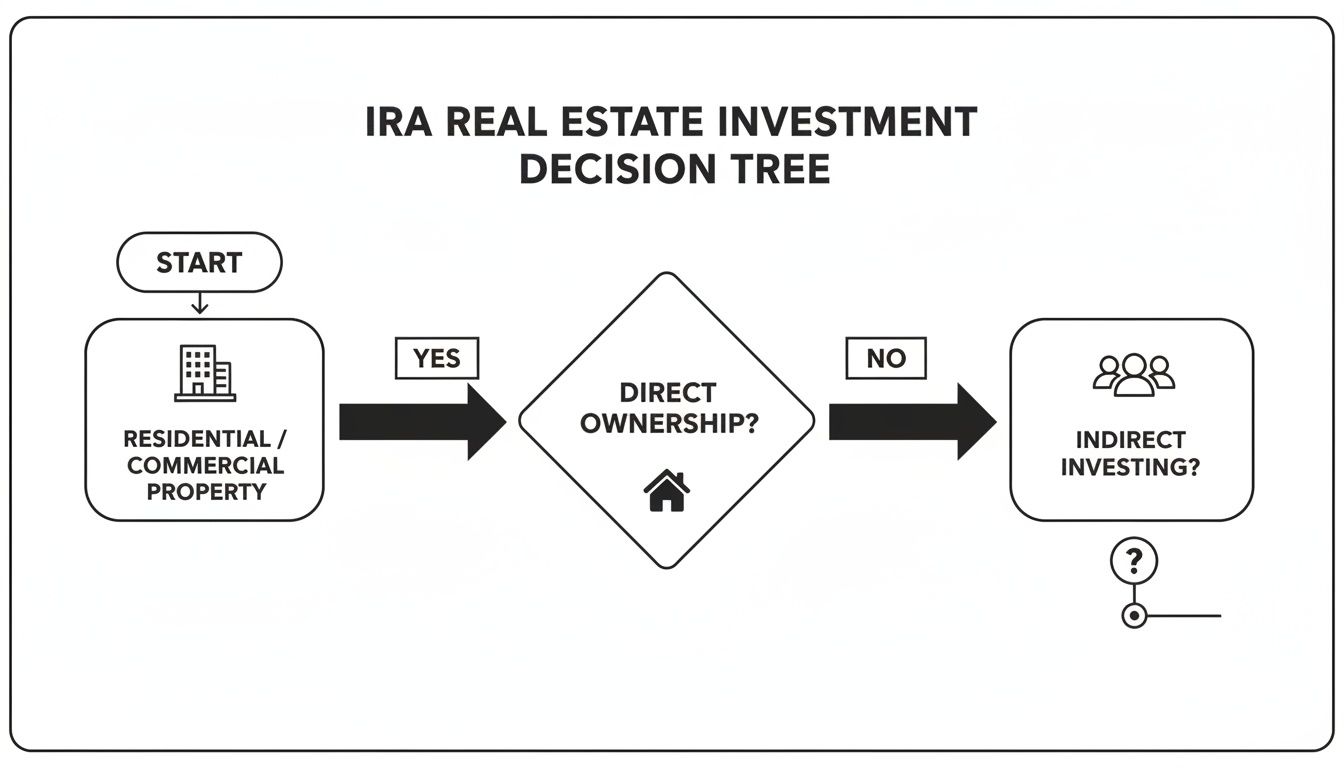 Flowchart showing an IRA real estate investment decision tree, detailing direct versus indirect ownership paths.