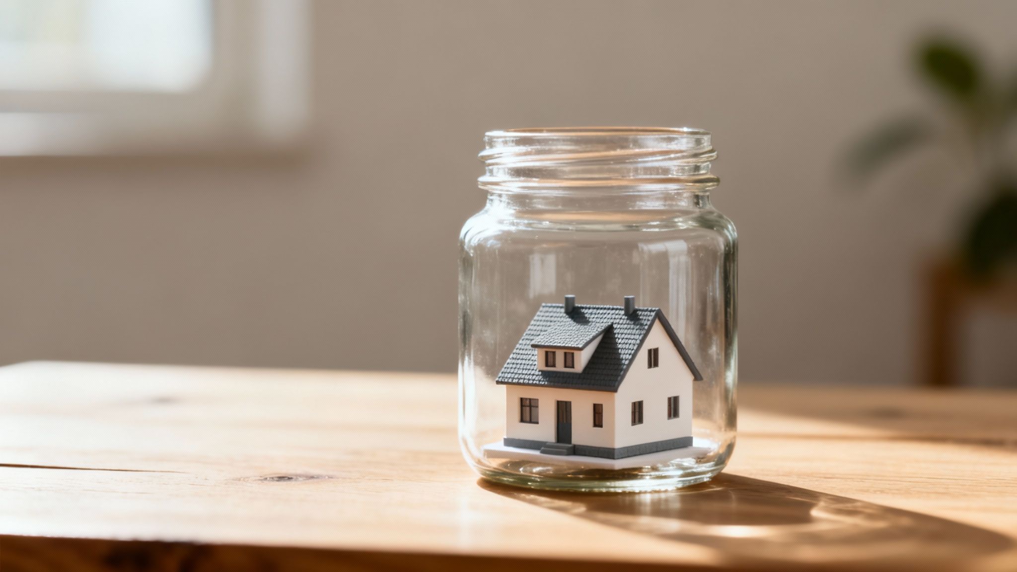 A miniature house model is securely placed inside a clear glass jar on a wooden table.