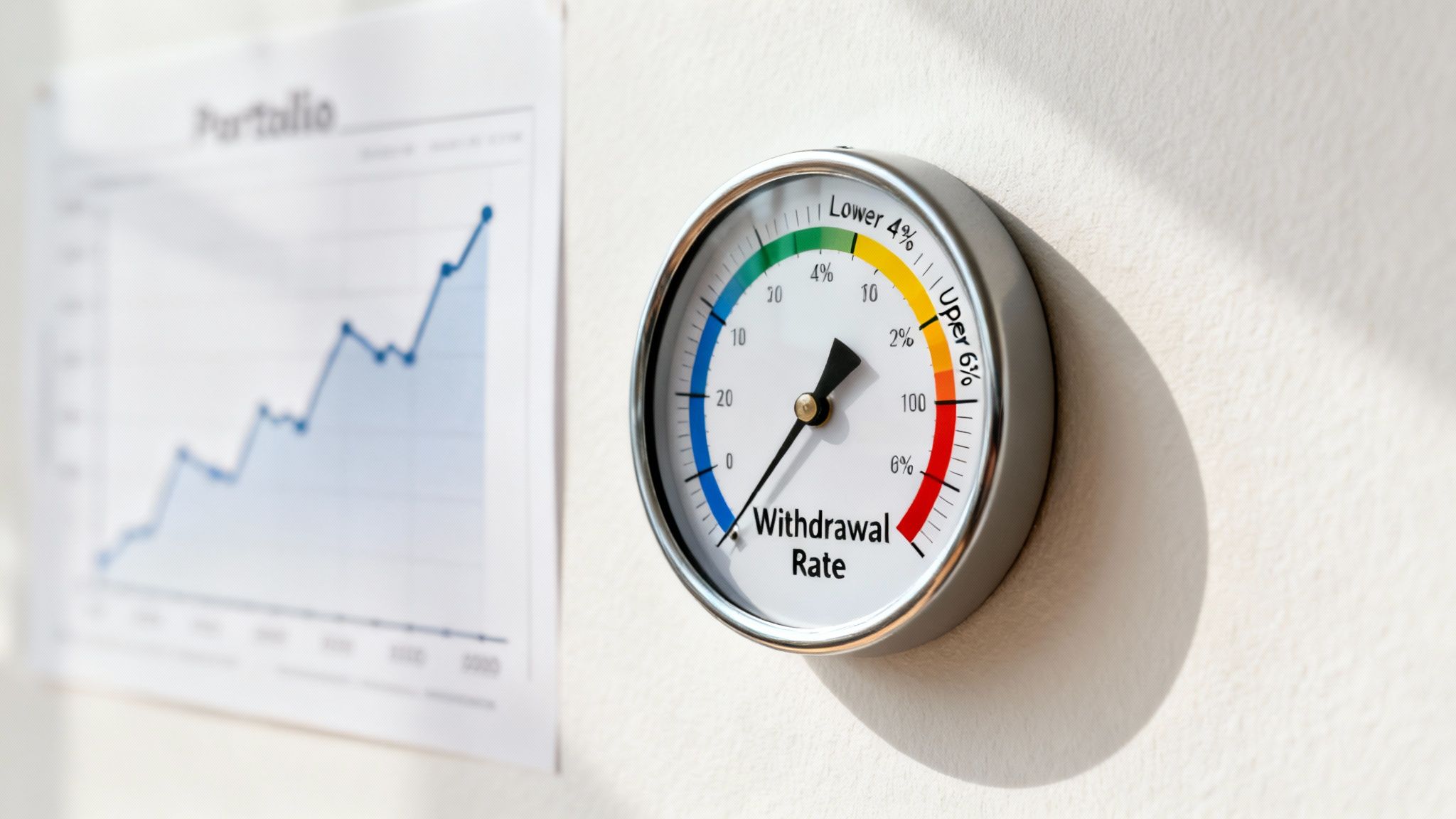 A financial withdrawal rate gauge showing 2% next to a blurred portfolio growth chart.