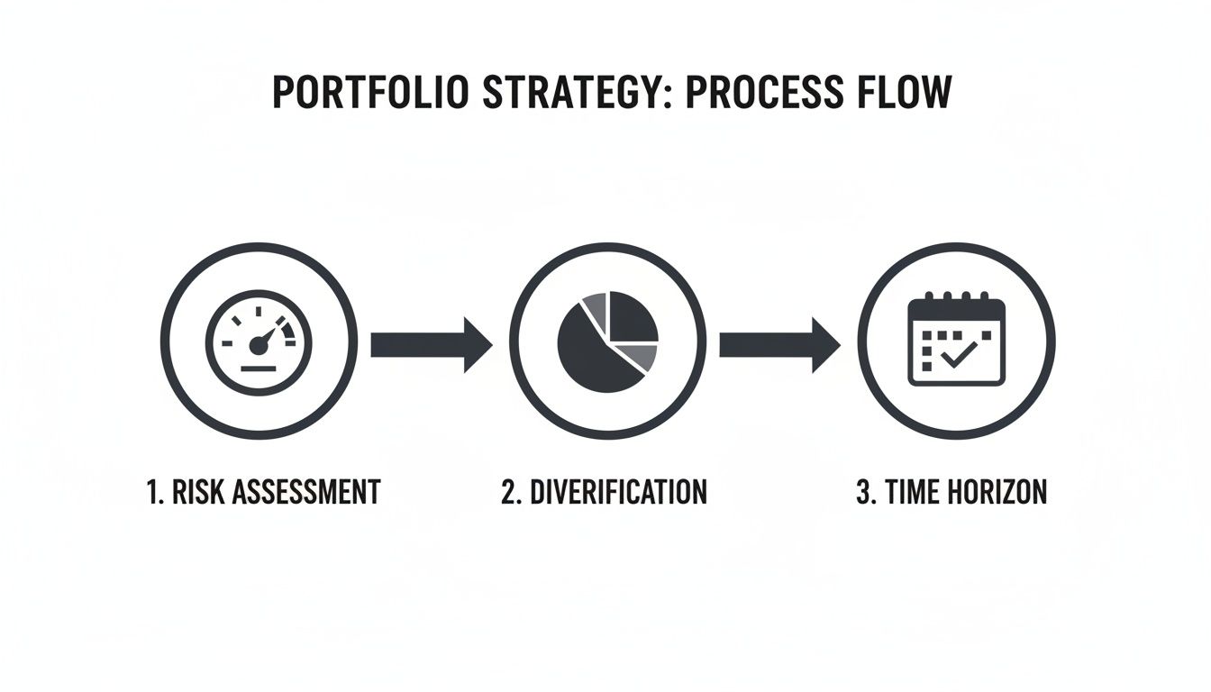 A diagram illustrates the three steps of portfolio strategy: risk assessment, diversification, and time horizon.