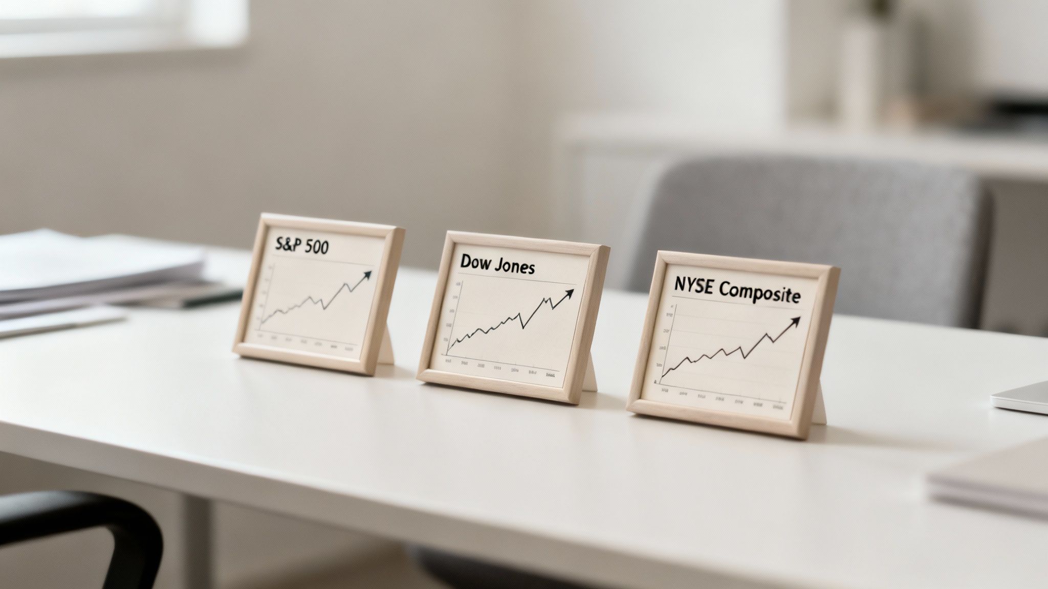 Three framed charts display upward trends for S&P 500, Dow Jones, and NYSE Composite on a desk.