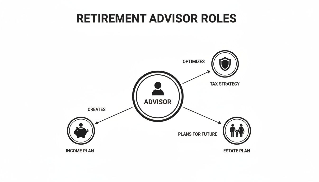 Retirement advisor roles diagram showing creating income plan, optimizing tax strategy, and planning for estate.
