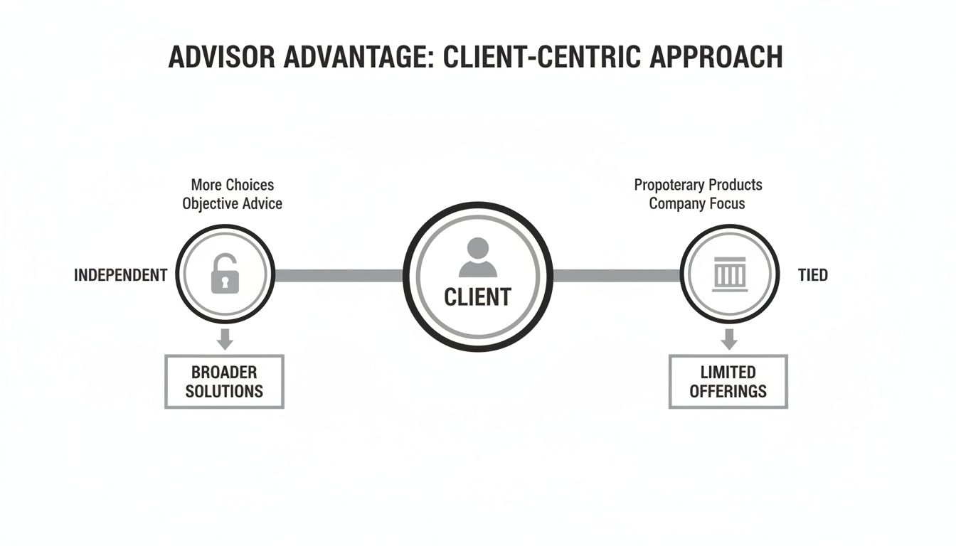 Diagram comparing independent and tied financial advisors' approach to clients, highlighting broader solutions from independent advisors.