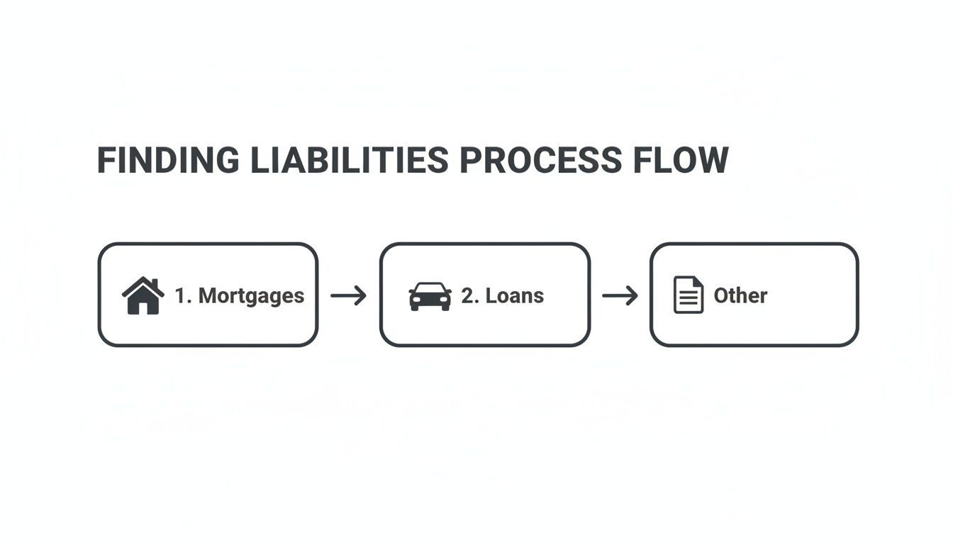 A process flow diagram illustrating the steps for finding liabilities: mortgages, loans, and other financial obligations.