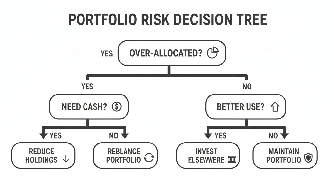 A flowchart titled 'Portfolio Risk Decision Tree' guiding decisions on rebalancing, reducing holdings, or investing.