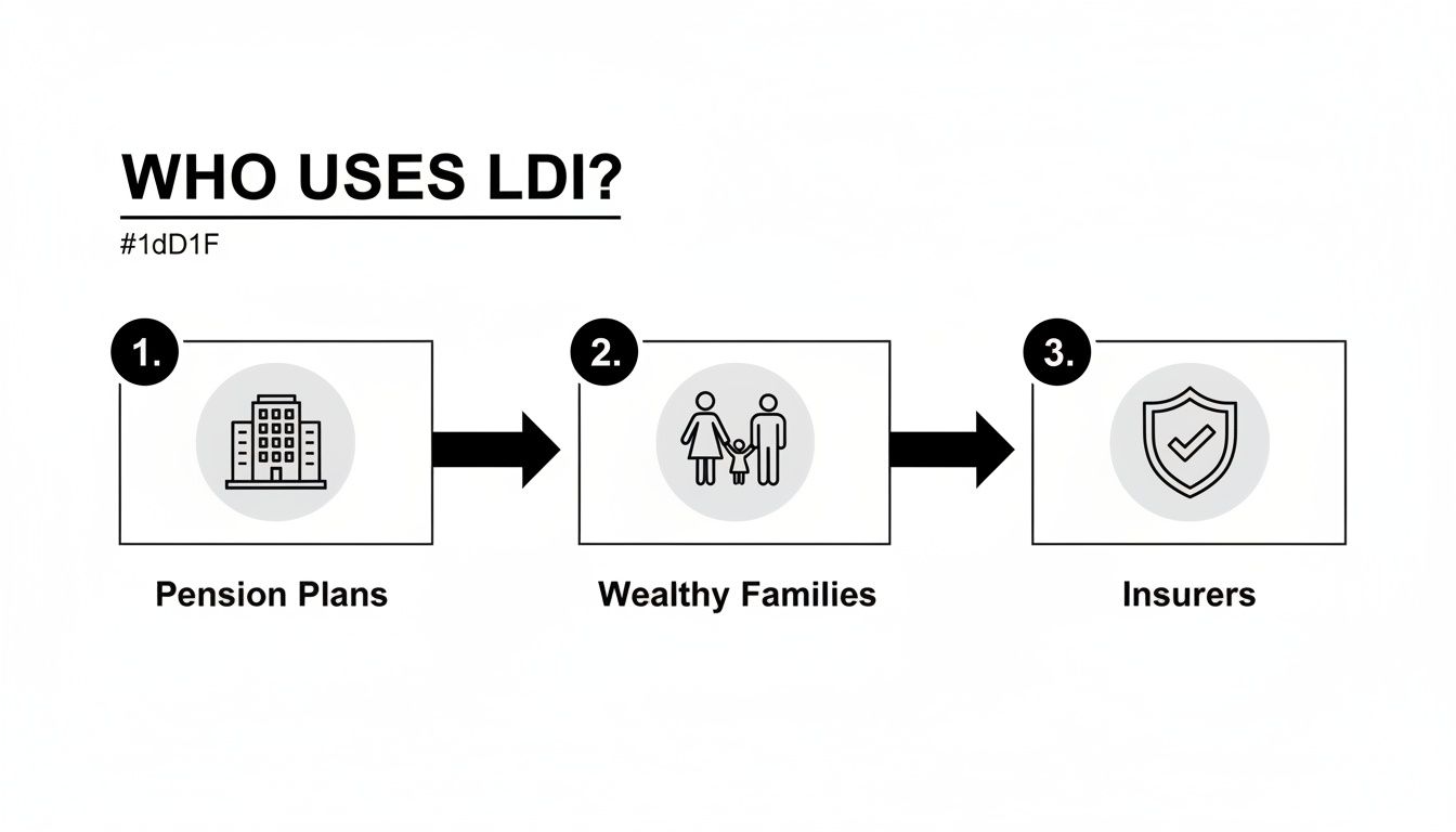 Infographic illustrating the primary users of Liability-Driven Investing (LDI): Pension Plans, Wealthy Families, and Insurers.