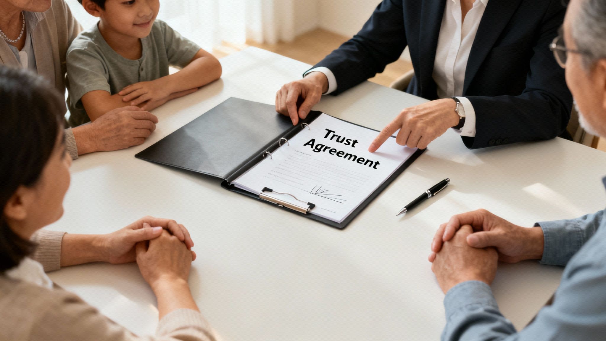 A legal professional explains a Trust Agreement document to a multi-generational family.