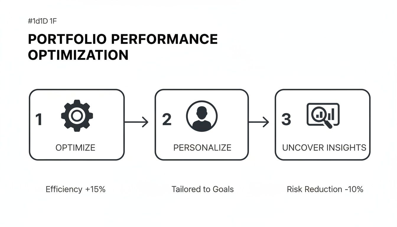 Flowchart illustrating three steps for portfolio performance optimization: Optimize, Personalize, and Uncover Insights.
