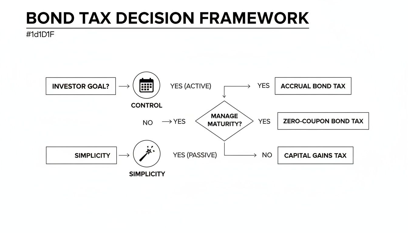Flowchart illustrating bond tax decision framework based on investor goals, control, simplicity, and maturity.