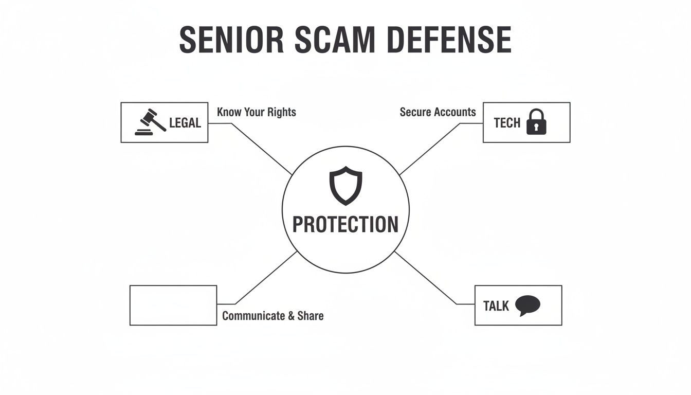 A diagram illustrating senior scam defense strategies, emphasizing legal rights, tech security, and communication.