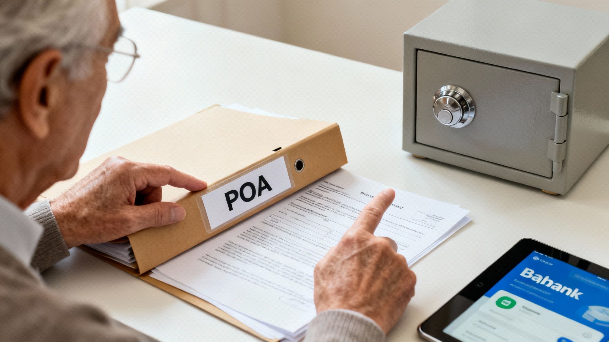 Elderly person reviewing Power of Attorney documents with a safe and banking app on a tablet.