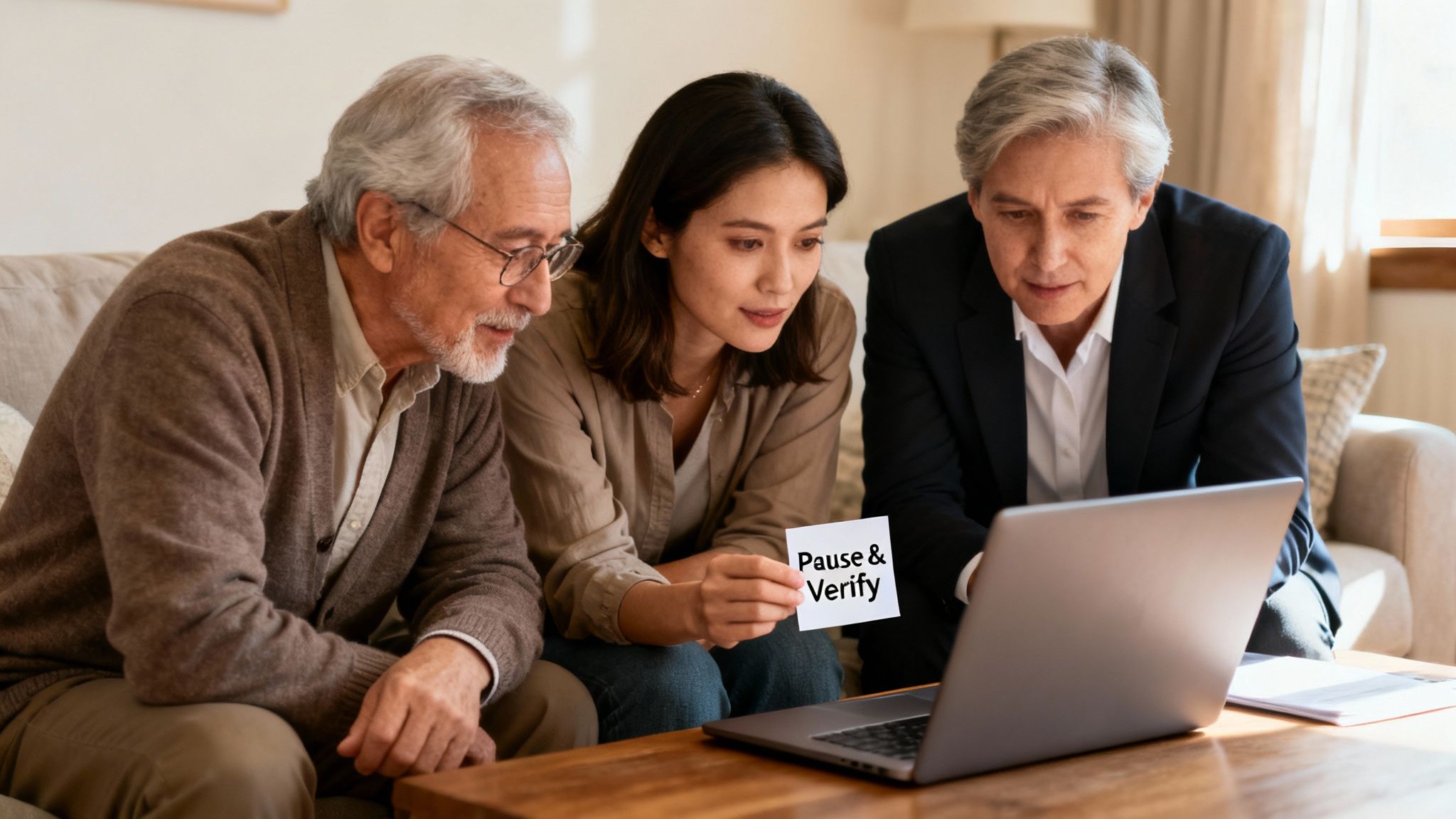 A woman holds a 'Pause & Verify' card while helping two senior men use a laptop, discussing financial safety.
