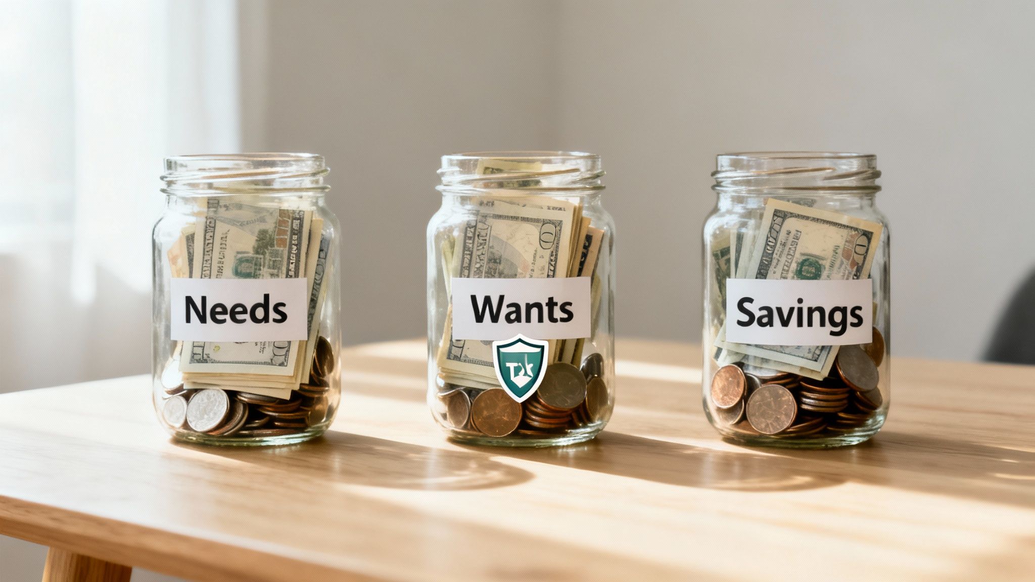 Three glass jars labeled Needs, Wants, and Savings, filled with cash and coins on a wooden table.