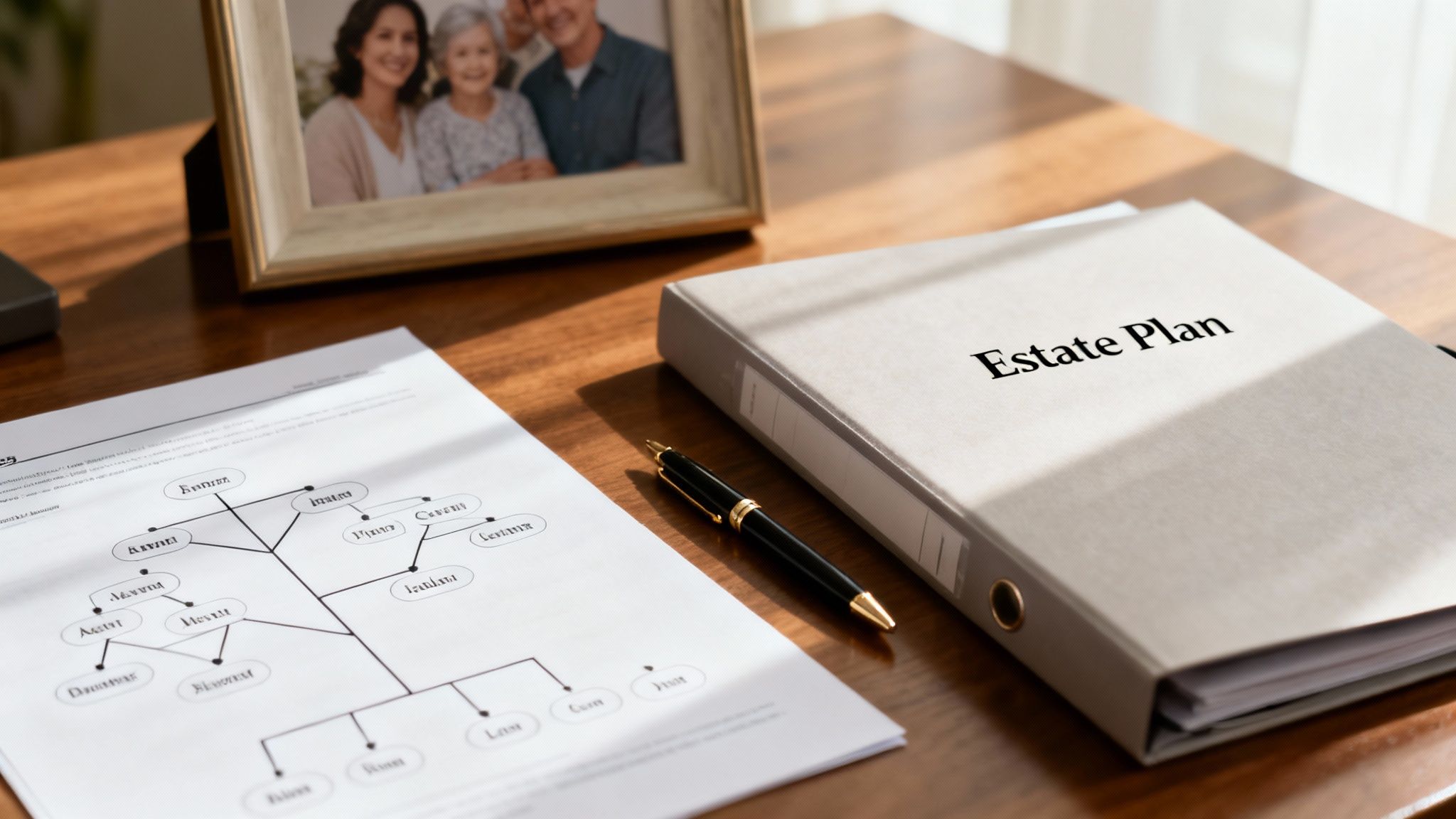 An estate plan binder, family photo, pen, and a document with a family tree on a wooden desk.