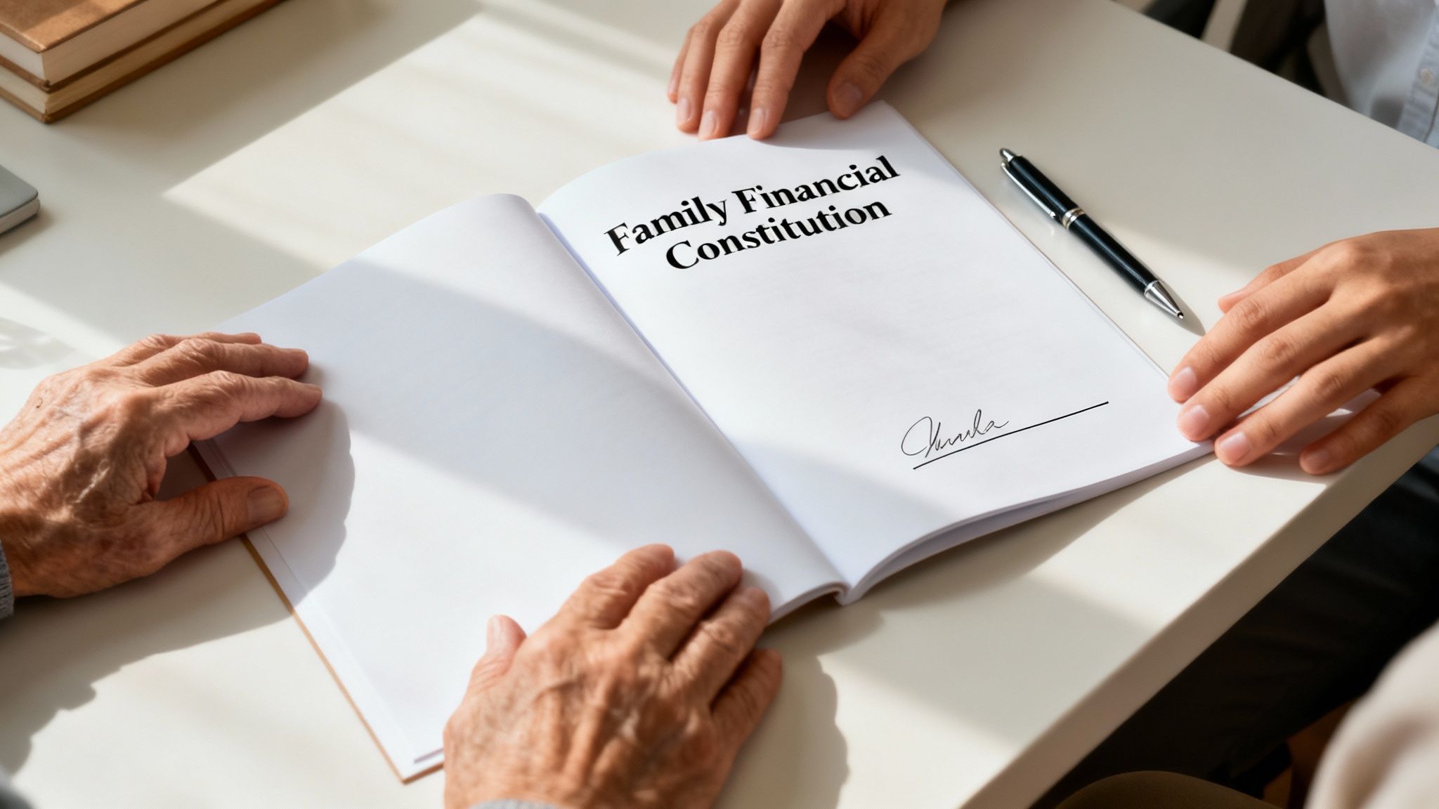 Two people review a document titled 'Family Financial Constitution' on a table, with a pen nearby.