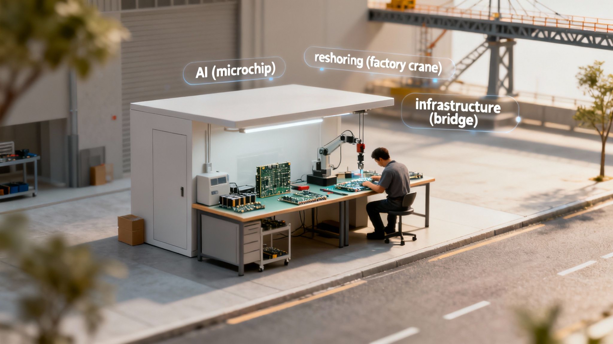 A worker assembling microchips with a robotic arm, symbolizing AI, reshoring, and infrastructure development.