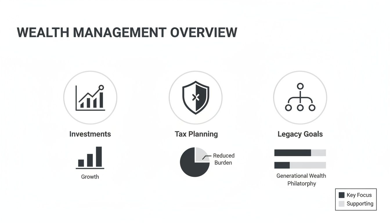 A wealth management overview diagram detailing investments, tax planning, and legacy goals.