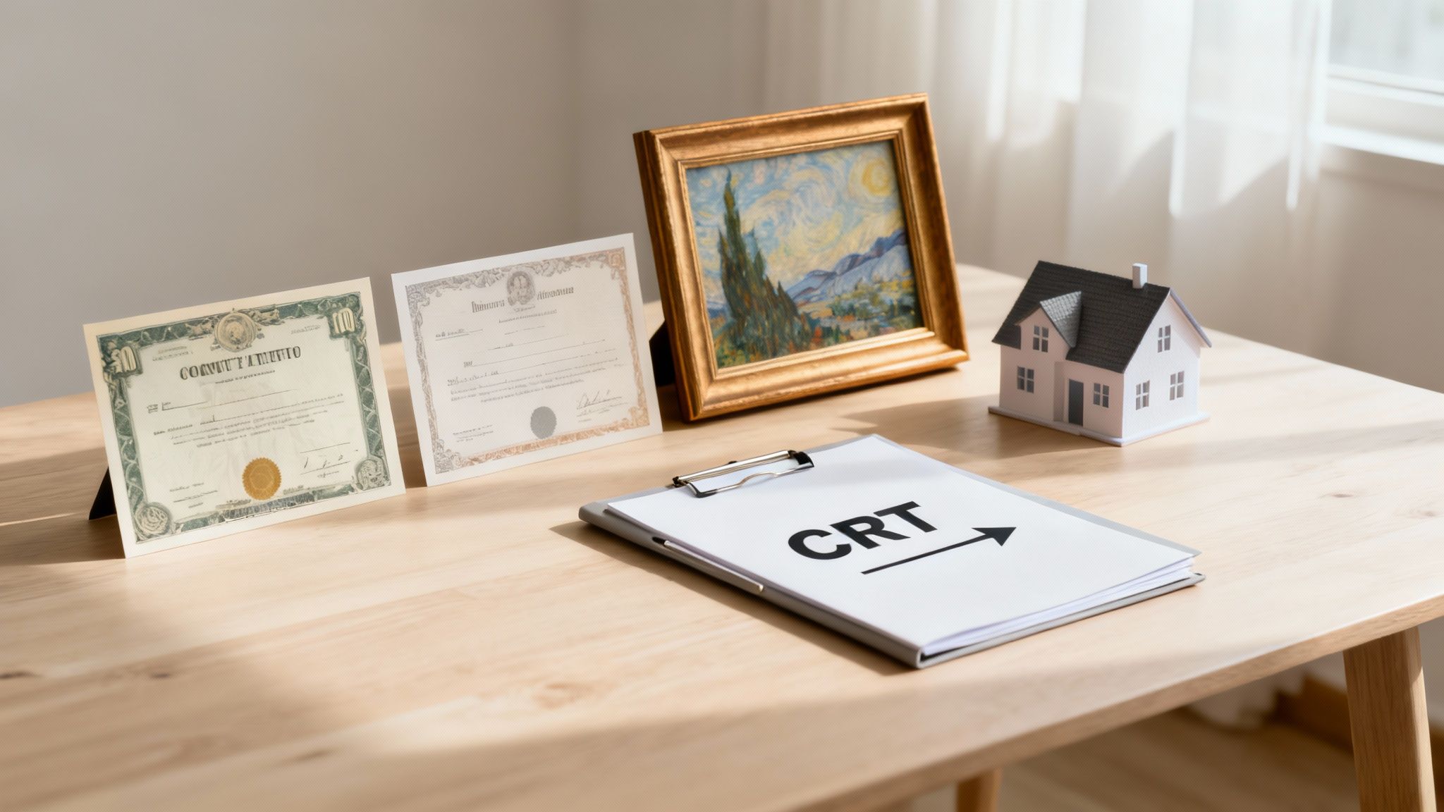 A document with 'CRT' and an arrow, certificates, framed artwork, and a model house on a wooden table.
