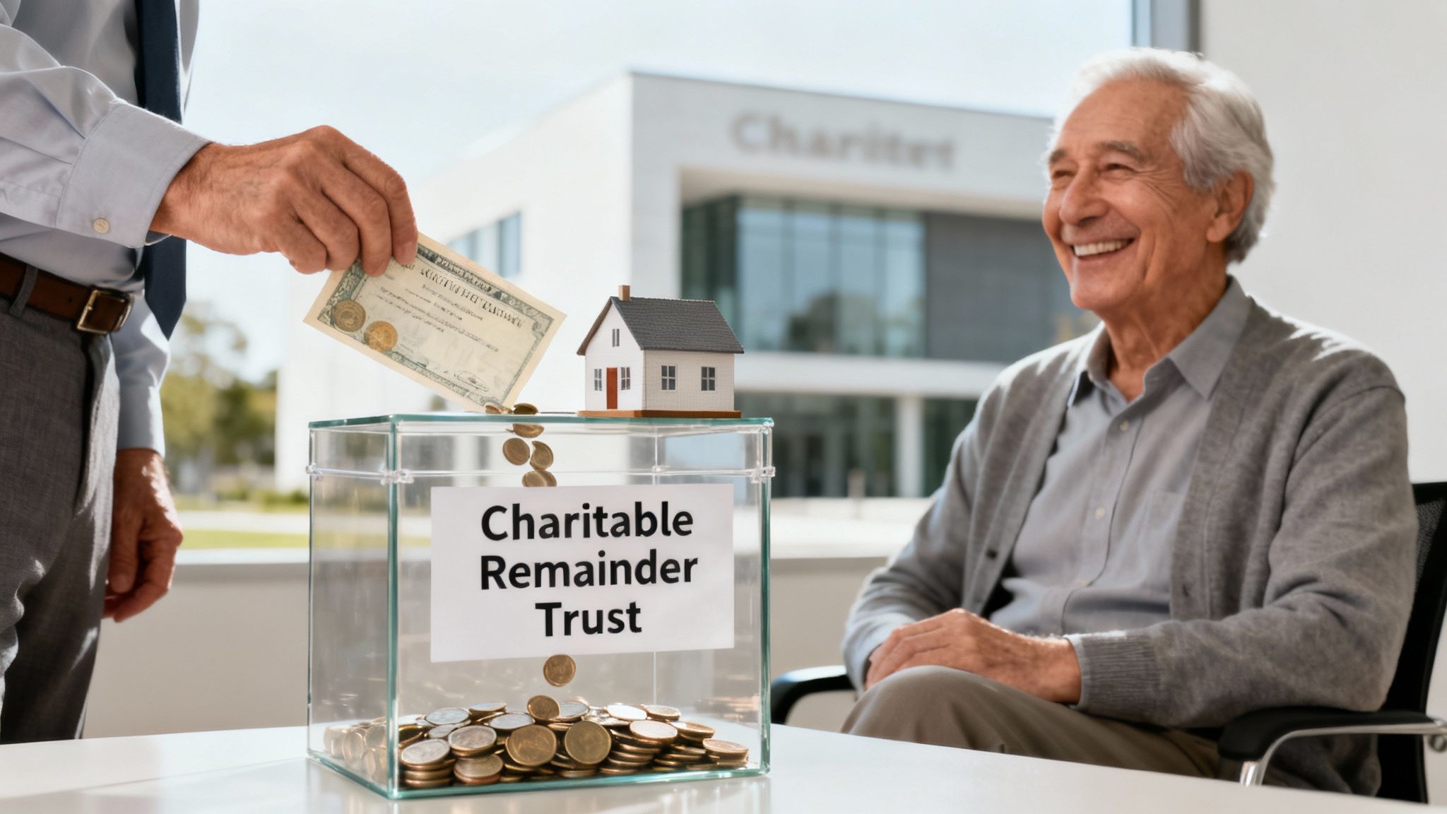 A man's hand deposits a financial certificate into a Charitable Remainder Trust box, with a house model and coins.