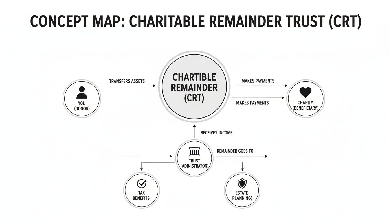 Concept map illustrating the flow and benefits of a Charitable Remainder Trust (CRT) for donor and charity.