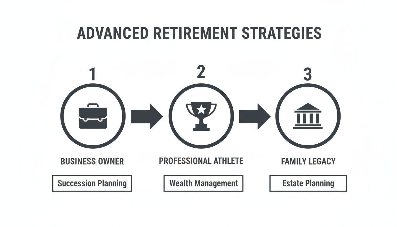 Infographic showing advanced retirement strategies for business owners, professional athletes, and family legacy planning.