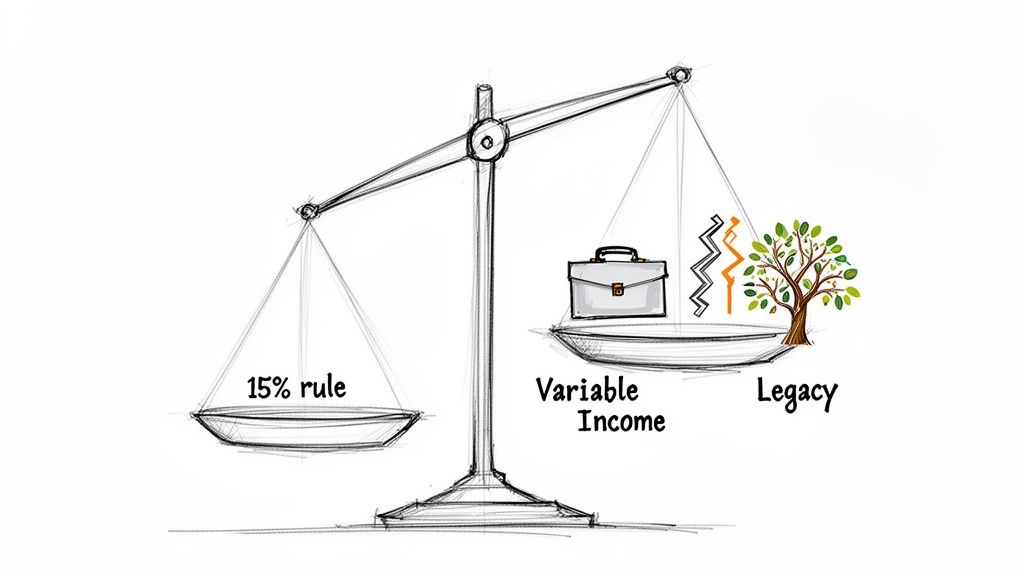 A sketch of a balance scale showing '15% rule' balanced against 'Variable Income' and 'Legacy'.