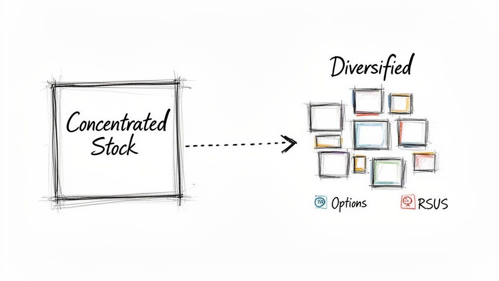Diagram illustrating how concentrated stock holdings can be diversified into a varied portfolio, including options and RSUs.