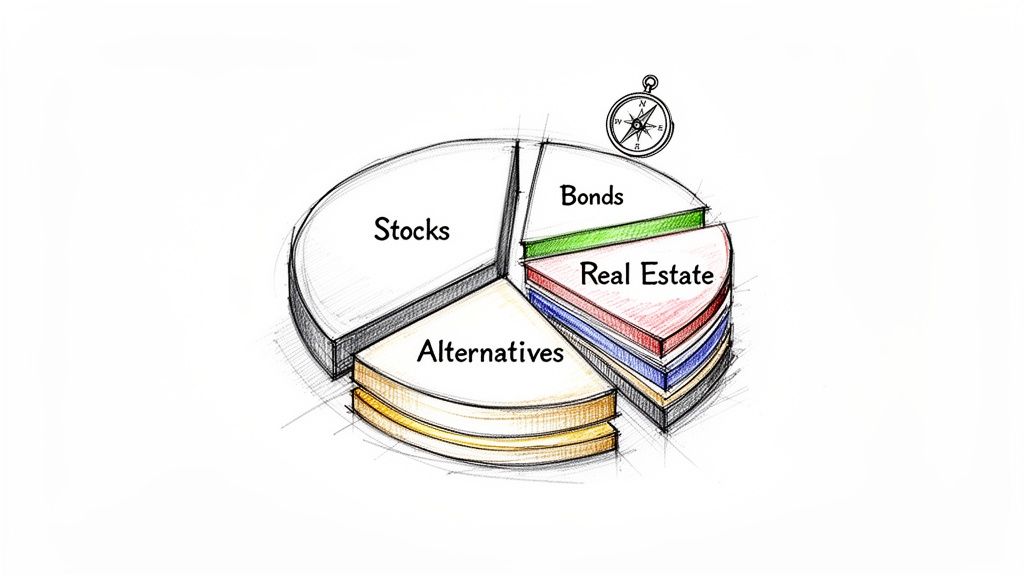 A hand-drawn pie chart illustrates an investment portfolio with sections for stocks, bonds, real estate, and alternatives, guided by a compass.