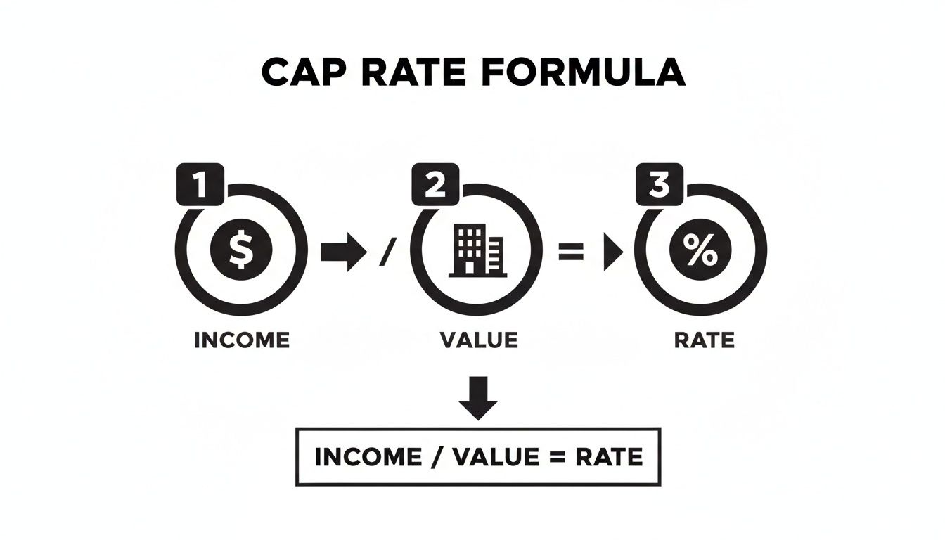 Diagram illustrating the Cap Rate Formula as Income divided by Value equals Rate, with icons.