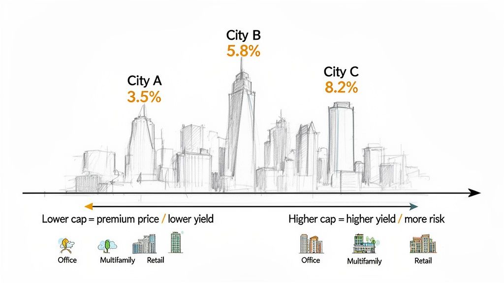 An illustration comparing cap rates and investment yields in three different real estate markets.