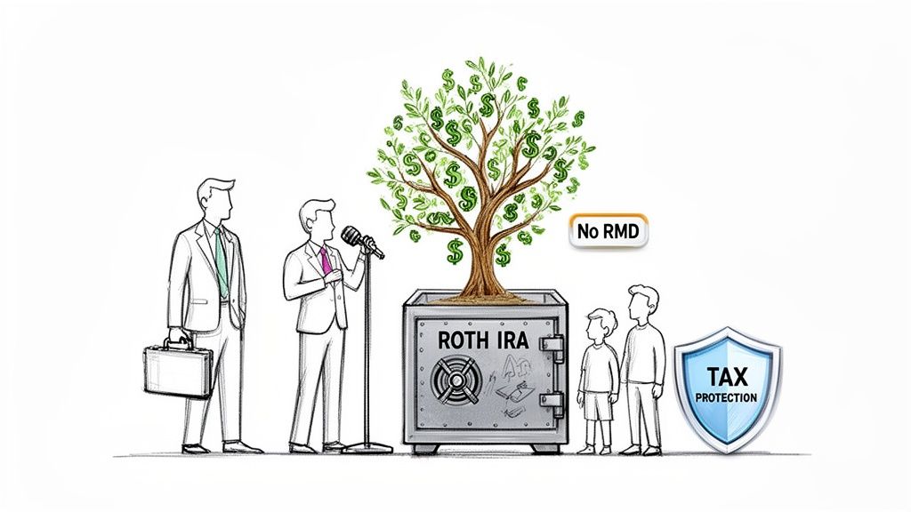 Illustration of financial planning with a Roth IRA safe, money tree, and tax protection.