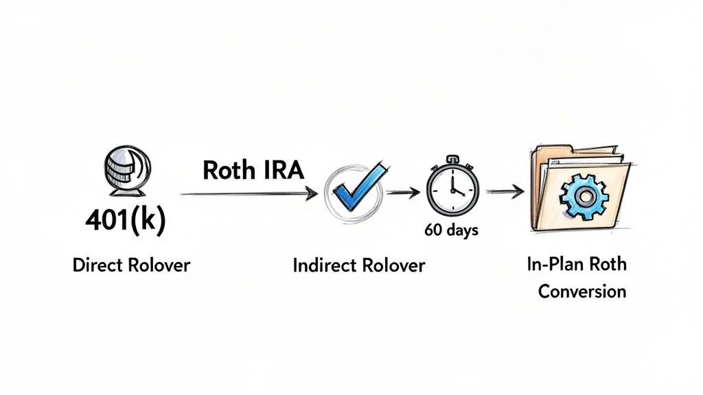 Visual guide showing the conversion process of a 401(k) to a Roth IRA, including 60-day indirect rollover.