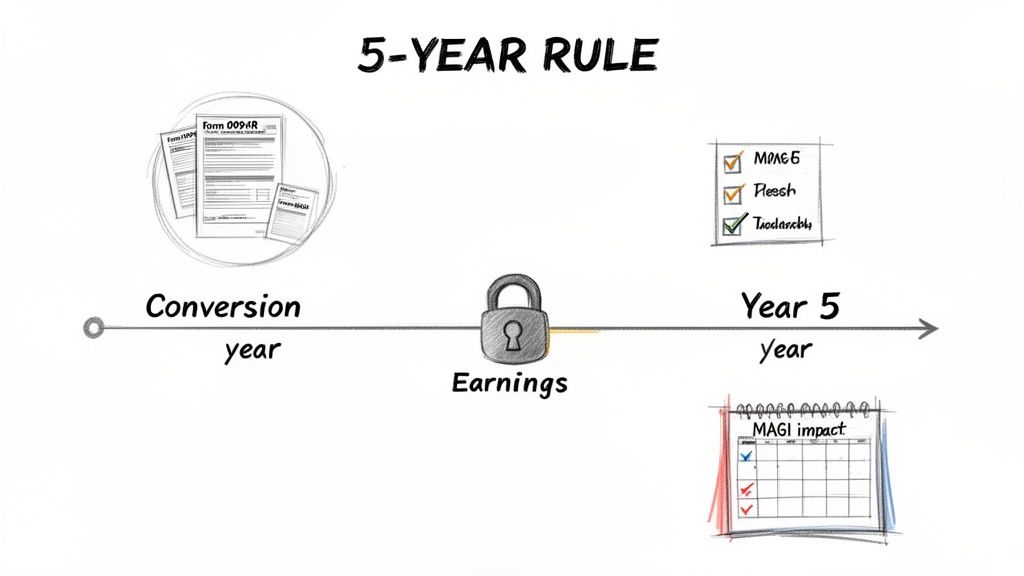 Timeline diagram illustrating the 5-year rule for Roth IRA conversions, showing earnings, tax forms, and MAGI impact.