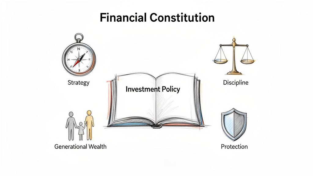 An infographic illustrating the 'Financial Constitution' with an 'Investment Policy' book, strategy, discipline, generational wealth, and protection.