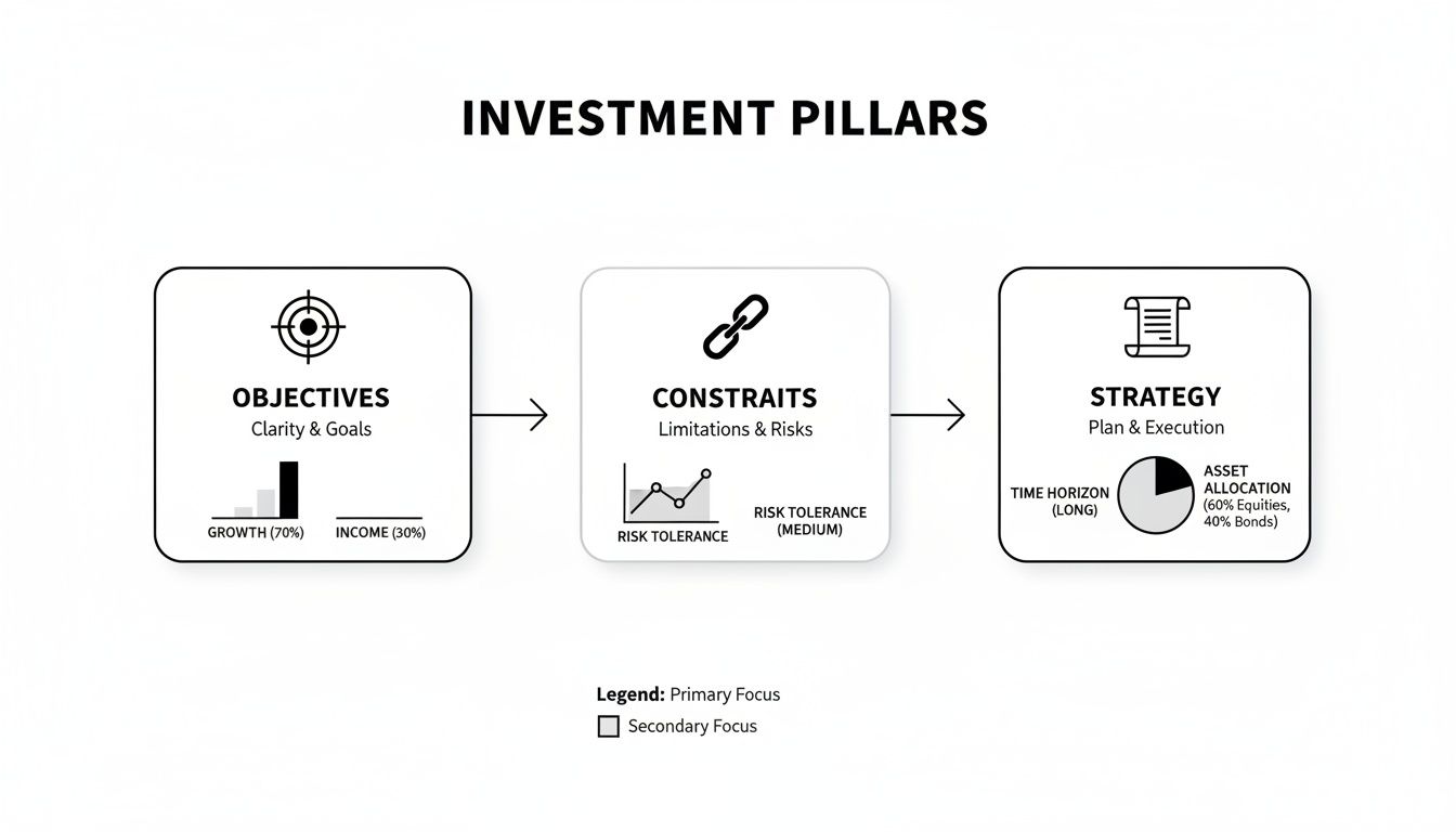A flowchart illustrates investment pillars including objectives, constraints, and strategy, with details on asset allocation.