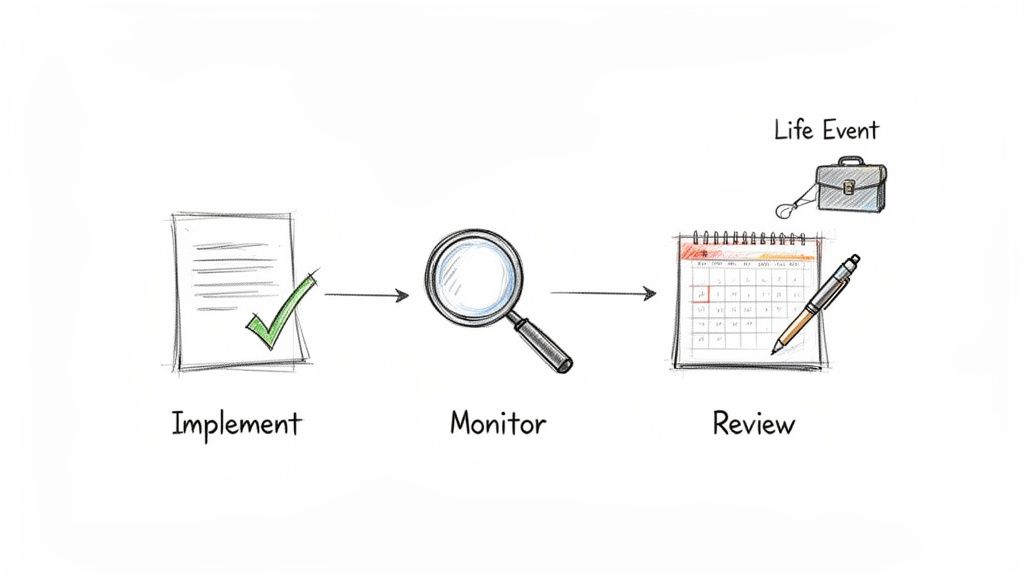 A hand-drawn diagram illustrating a three-step process: Implement, Monitor, and Review, with a Life Event impacting the review.
