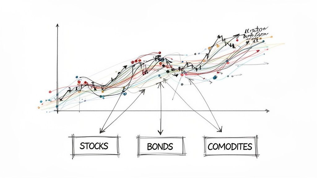 Hand-drawn financial chart illustrating investment trends pointing towards stocks, bonds, and commodities.