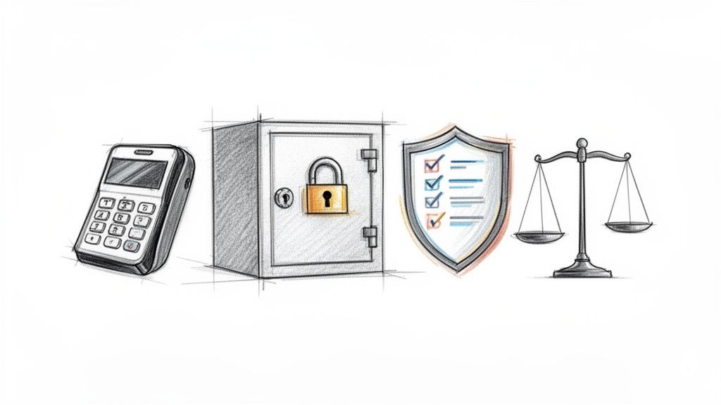 An illustration featuring a phone, a safe with a padlock, a shield with a checklist, and a balance scale.