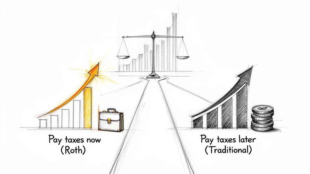 An illustration comparing Roth (pay taxes now) and Traditional (pay taxes later) investment strategies.