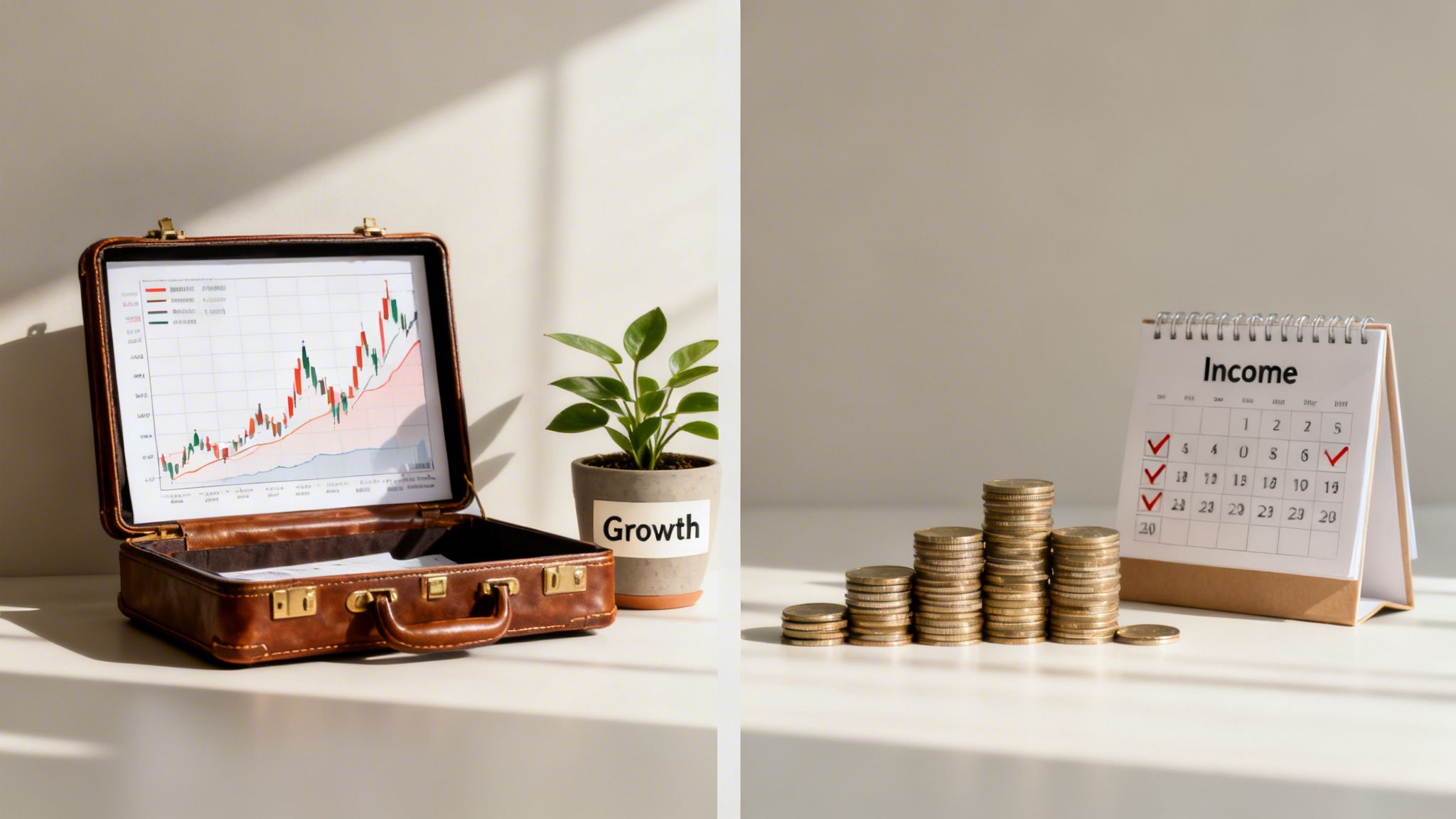 A briefcase with a stock chart and a 'Growth' plant, alongside coins and an 'Income' calendar.