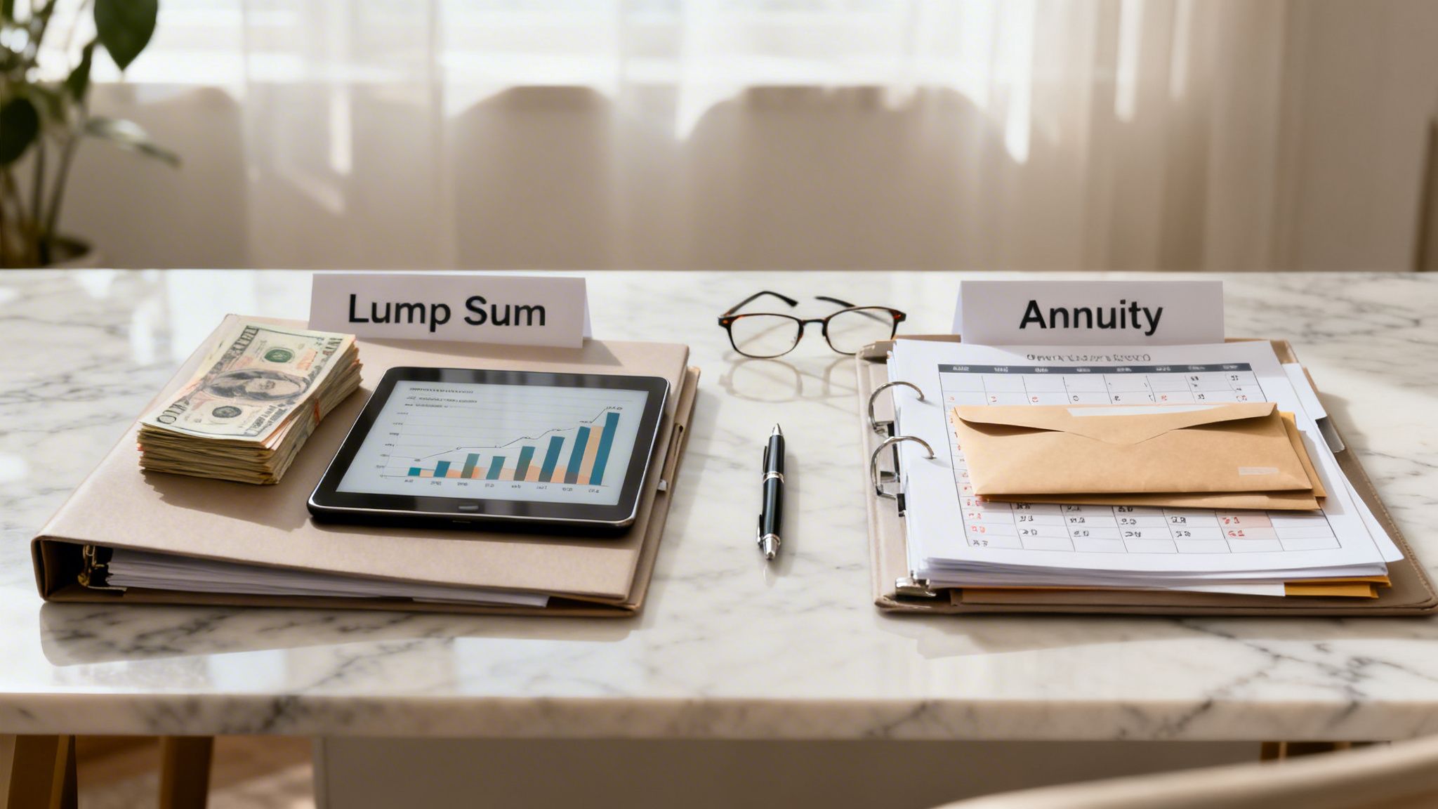 Desk comparing financial choices: a lump sum with money and growth charts, or an annuity with calendar payments.