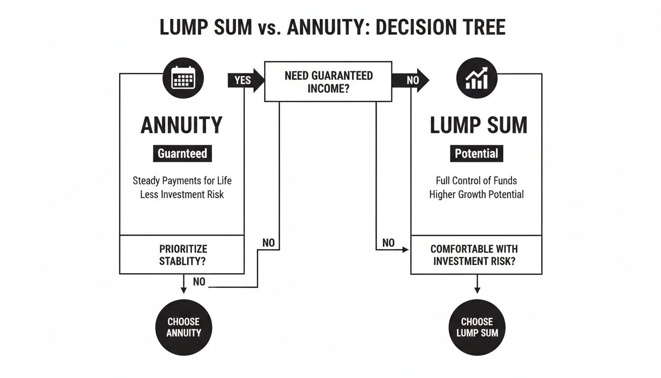 A decision tree comparing lump sum and annuity options based on guaranteed income and investment risk.