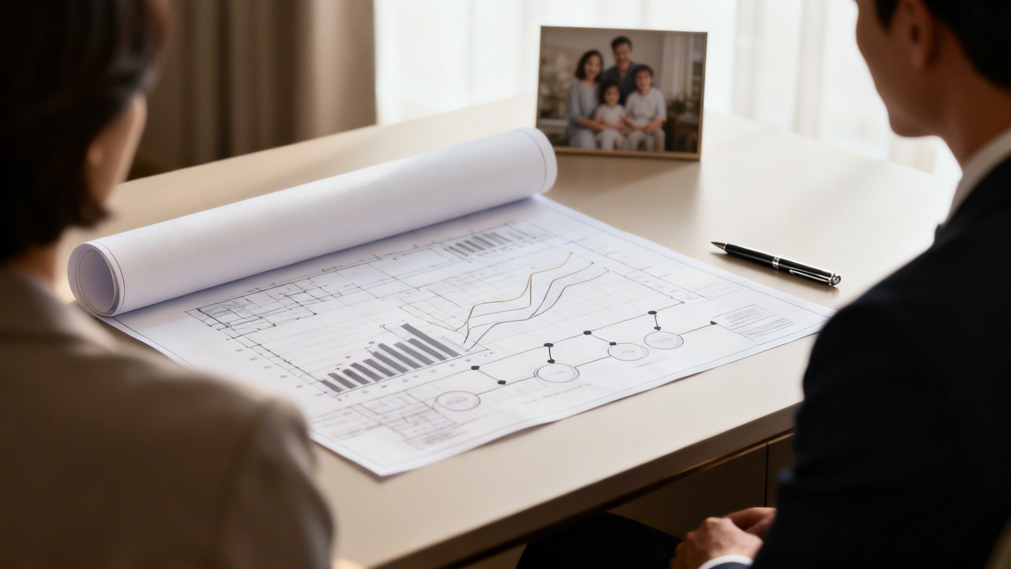 Two people review financial plans with charts and a family photo on a desk.