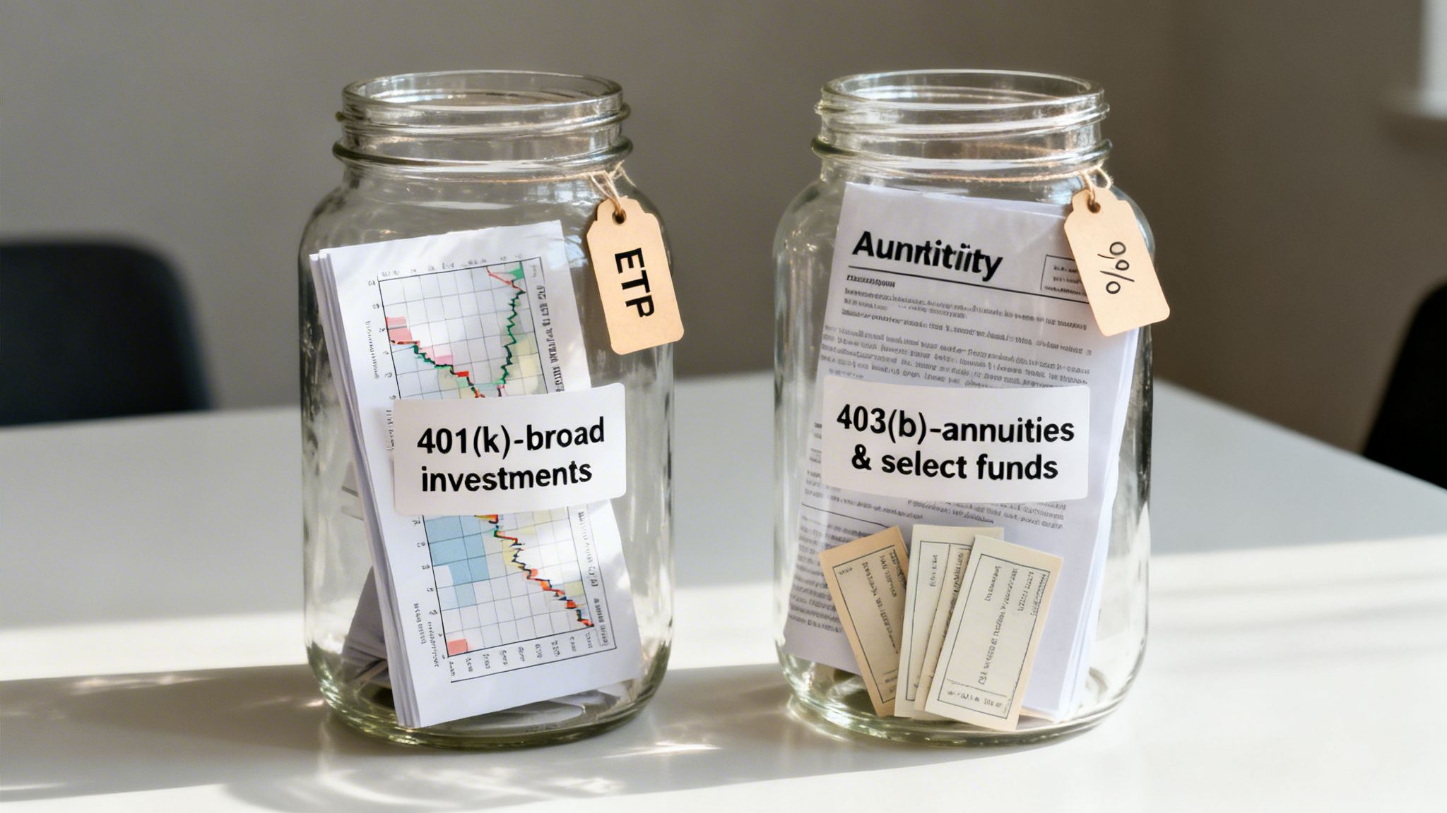 Two glass jars illustrate the difference between 401(k) broad investments and 403(b) annuities.