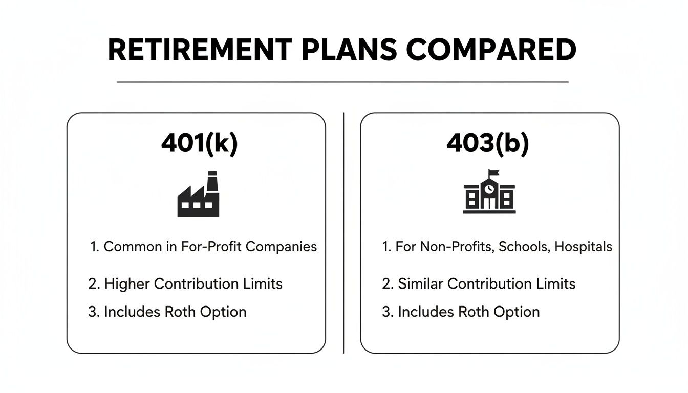 Infographic comparing 401(k) and 403(b) retirement plans, detailing their common uses and features.