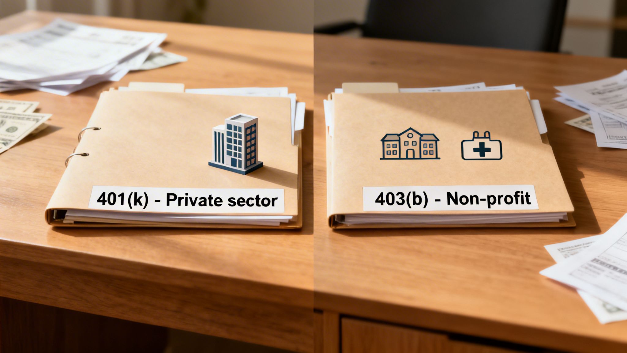 Two folders on a desk comparing 401(k) private sector and 403(b) non-profit retirement plans.