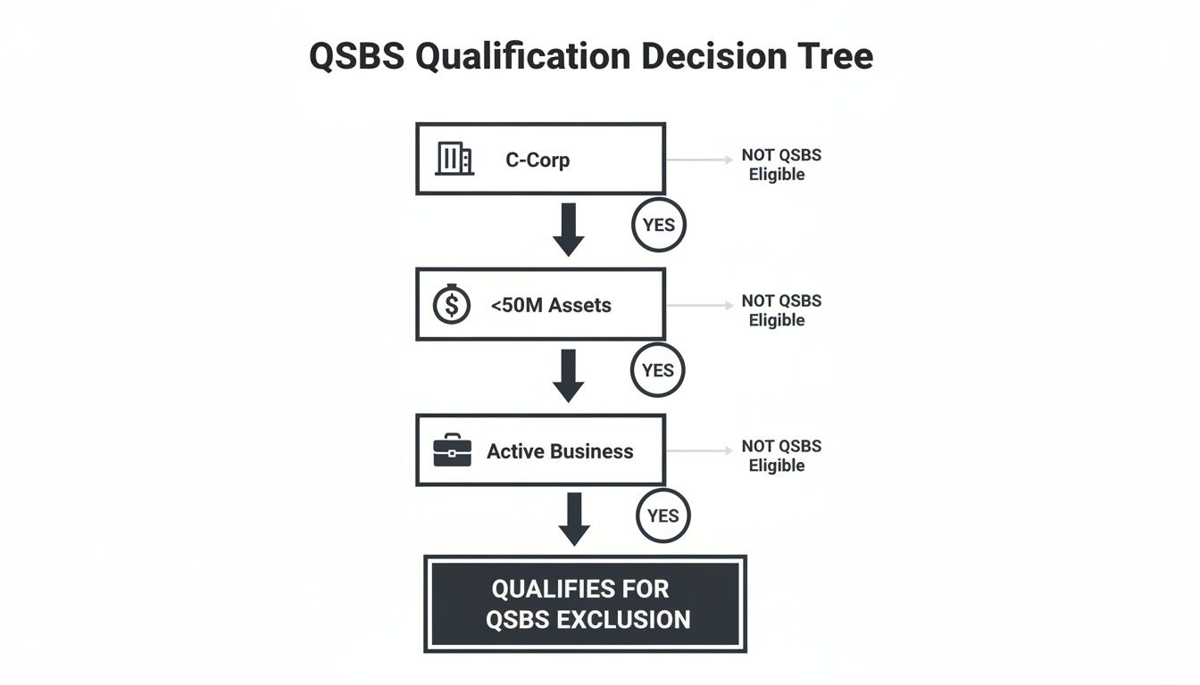 A QSBS Qualification Decision Tree outlines steps for eligibility, including C-Corp status, assets, and active business criteria.