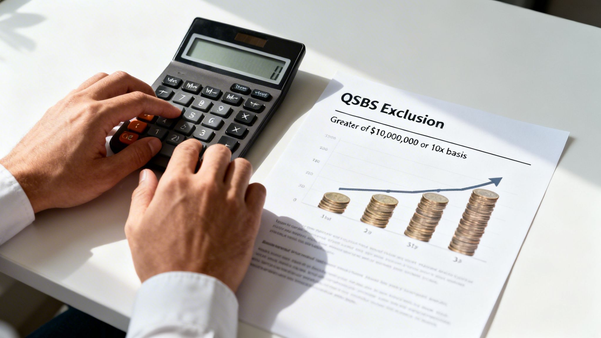 Person using a calculator with a document detailing QSBS tax exclusion and investment growth.
