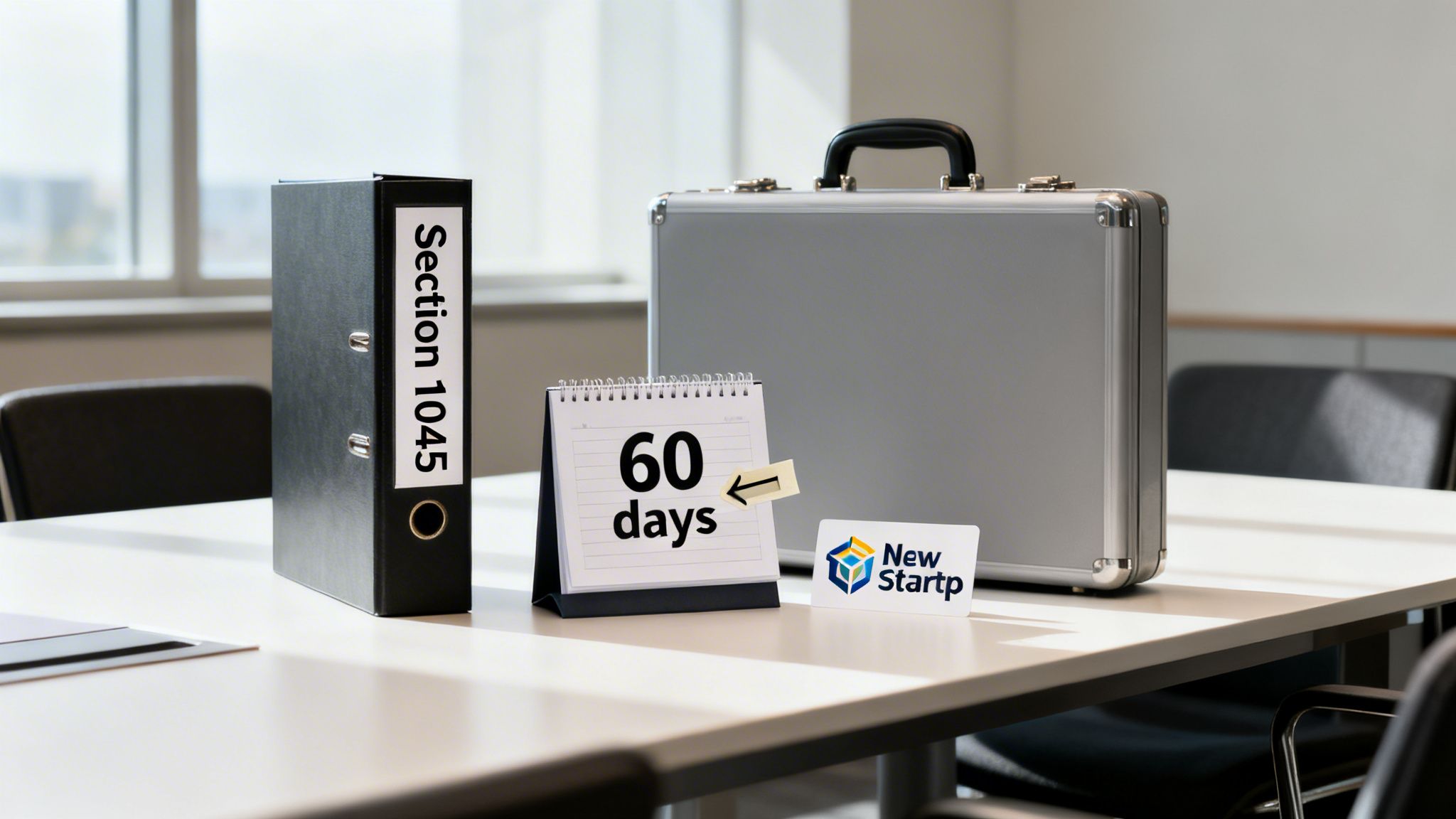 Office desk with 'Section 1045' binder, '60 days' calendar, 'New Startup' logo, and a briefcase.
