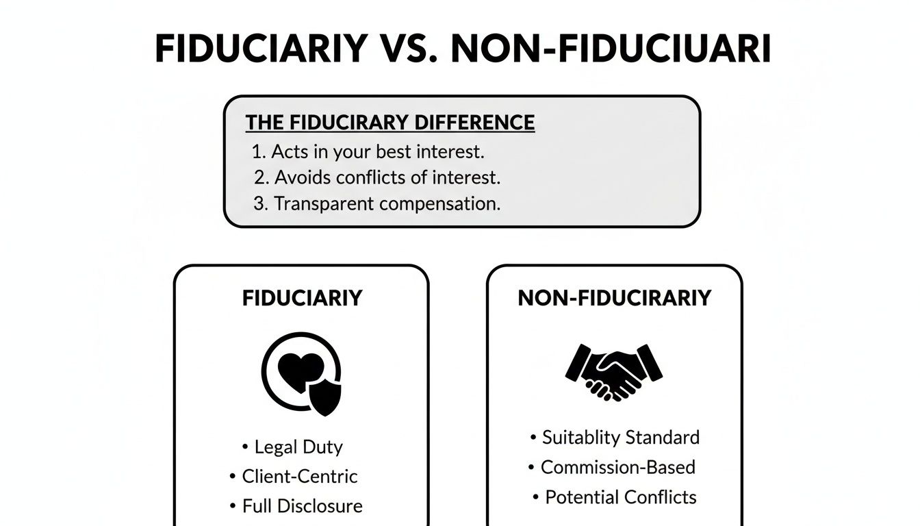 A comparison chart explaining the difference between fiduciary and non-fiduciary roles in finance.